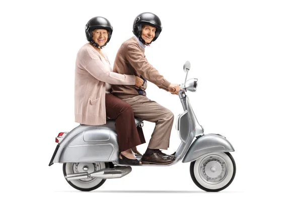 Full Length Shot Senior Couple Helmets Riding Vintage Scooter Isolated — Stock Photo, Image