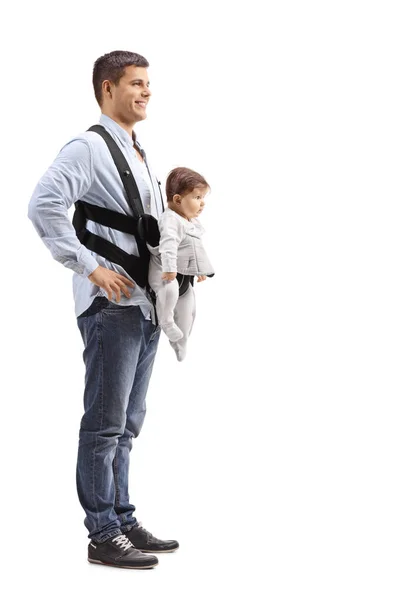 Full Length Shot Young Man Baby Carrier Standing Smiling Isolated — Stock Photo, Image