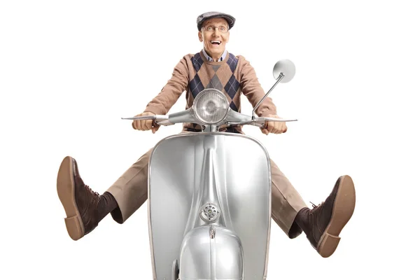 Cheerful Senior Man Vintage Motorbike His Legs Isolated White Background — Stock Photo, Image