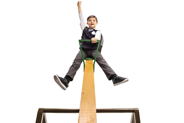 Full Length Shot Excited Schoolboy Uniform Playing Seesaw Isolated White — Stock Photo, Image