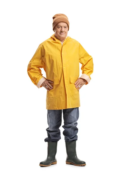 Full Length Portrait Mature Man Yellow Raincoat Isolated White Background — Stock Photo, Image