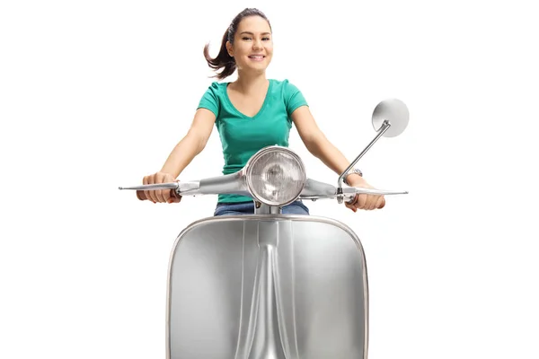 Cute Young Female Riding Vintage Scooter Isolated White Background — Stock Photo, Image
