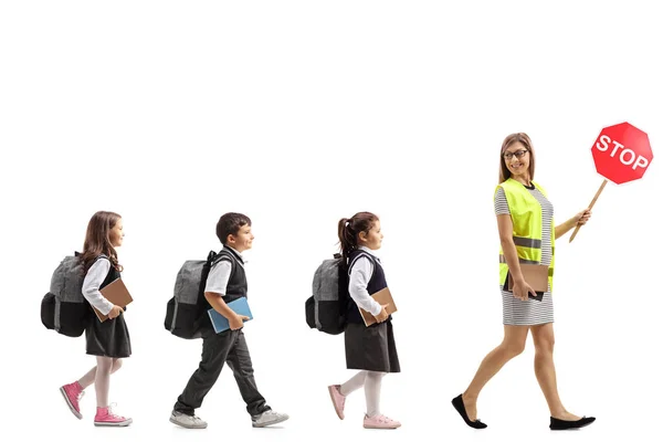 Full Length Profile Shot School Teacher Safety Vest Stop Sign — Stock Photo, Image