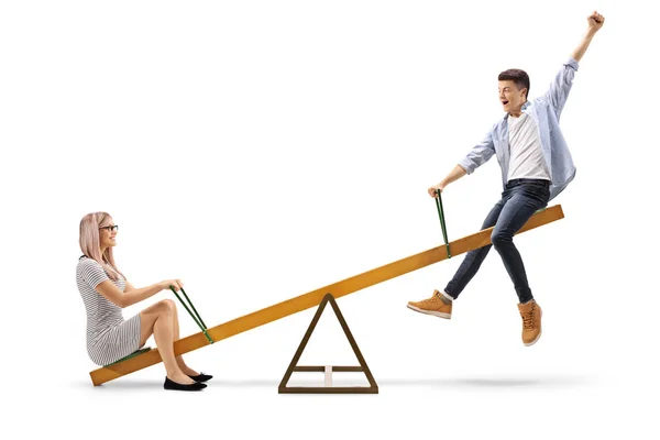 Full Length Shot Young Woman Teenage Boy Seesaw Isolated White — Stock Photo, Image