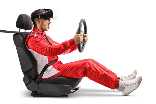 Podekscytowany Mężczyzna Racer Koło Samochodu Holding Kierownicy Noszenie Zestawu Słuchawkowego — Zdjęcie stockowe