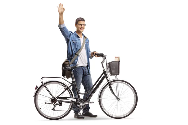 Full Length Shot Casual Young Man Bicycle Waving Isolated White — Stock Photo, Image