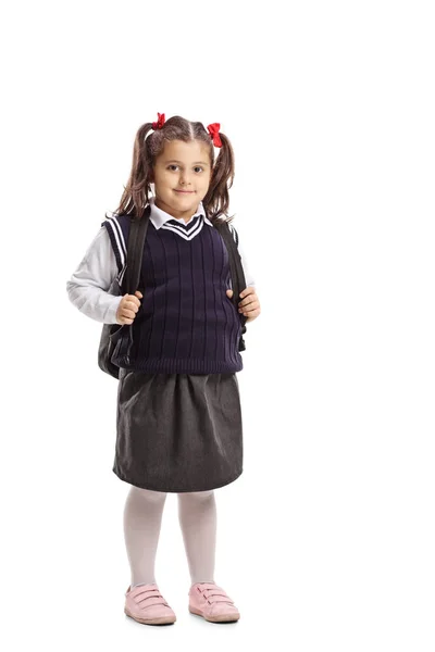 Full Length Portrait Little Schoolgirl Uniform Looking Camera Isolated White — Stock Photo, Image