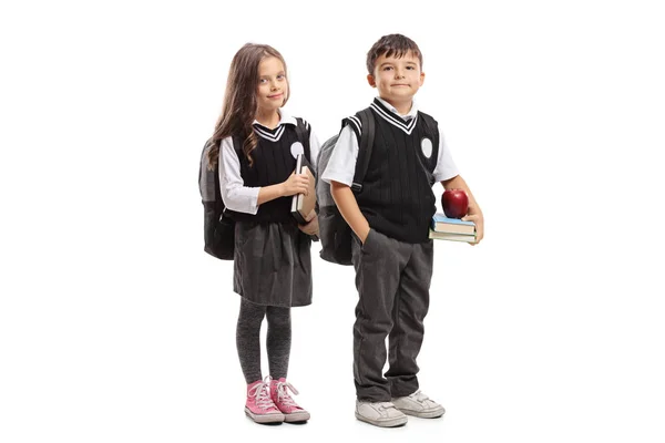 Portrait Complet Une Écolière Écolier Uniforme Tenant Des Livres Posant — Photo