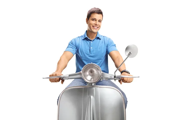 Joven Guapo Montando Una Moto Vintage Aislada Sobre Fondo Blanco — Foto de Stock