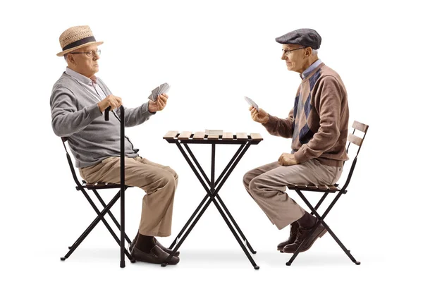 Full Length Shot Two Senior Men Playing Cards Table Isolated — Stock Photo, Image