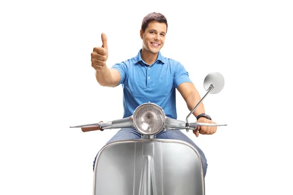 Sorrindo Jovem Montando Uma Motocicleta Vintage Mostrando Polegares Isolados Fundo — Fotografia de Stock