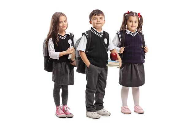 Retrato Comprimento Total Escolares Uniforme Posando Isolado Fundo Branco — Fotografia de Stock