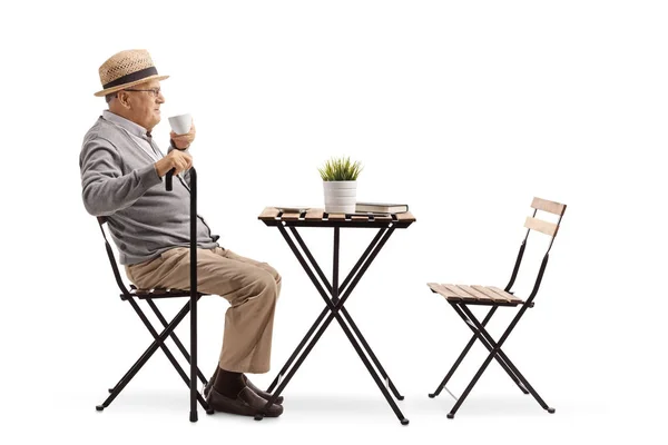 Full Length Profile Shot Senior Man Drinking Coffee Table Isolated — Stock Photo, Image