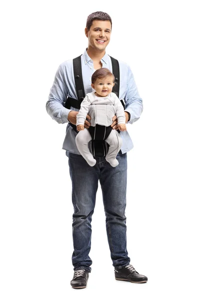 Full Length Portrait Young Father Baby Carrier Isolated White Background — Stock Photo, Image