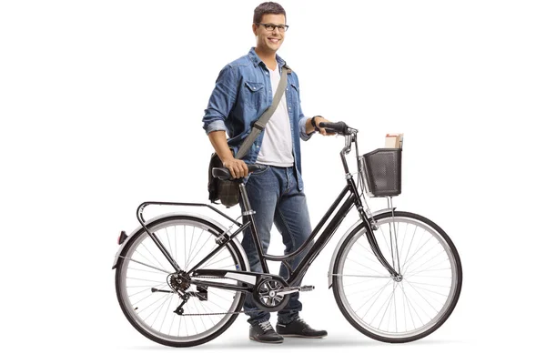 Full Length Shot Casual Young Man Standing Bicycle Isolated White — Stock Photo, Image