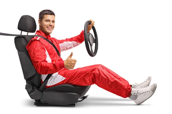 Full Length Shot Male Racer Car Seat Holding Steering Wheel — Stock Photo, Image