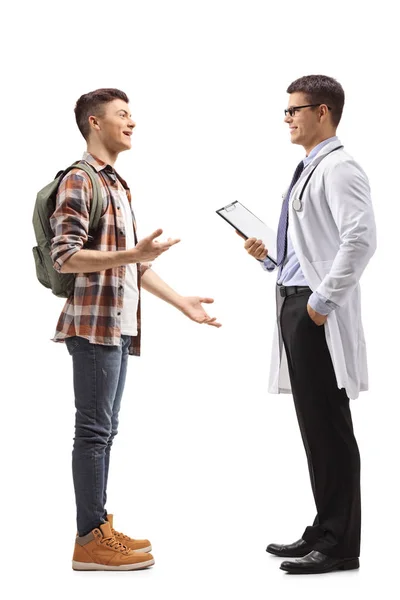 Full Length Shot Teenage Male Student Talking Male Doctor Isolated — Stock Photo, Image