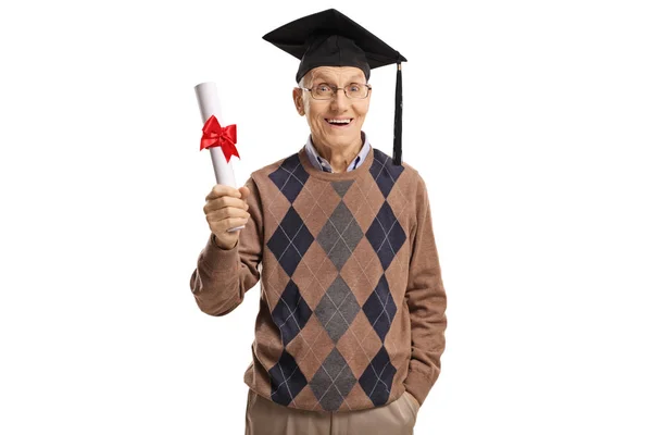 Homem Idoso Animado Com Chapéu Formatura Diploma Isolado Fundo Branco — Fotografia de Stock