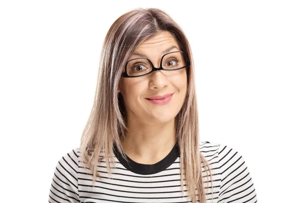 Engraçado Jovem Mulher Usando Óculos Cabeça Para Baixo Isolado Fundo — Fotografia de Stock