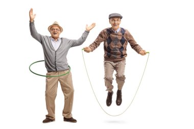 Full length portrait of a cheerful mature man with a hula hoop and a senior man jumping on a skipping rope isolated on white background