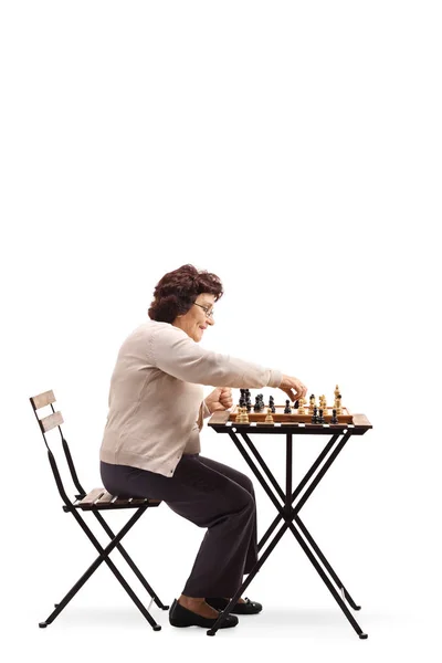 Full Length Profile Shot Senior Woman Moving Chess Figure Isolated — Stock Photo, Image