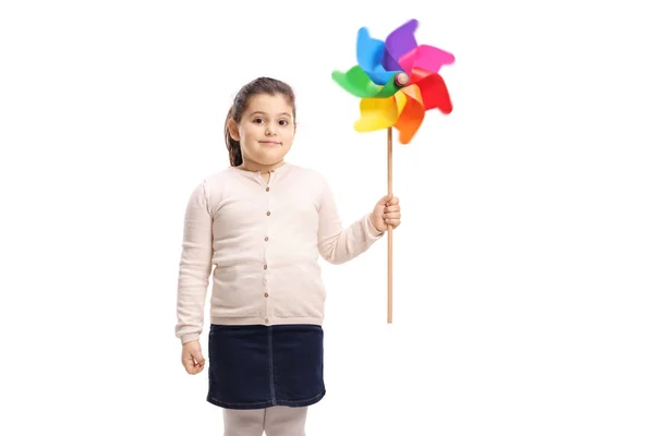 Little Girl Holding Pinwheel Isolated White Background — Stock Photo, Image