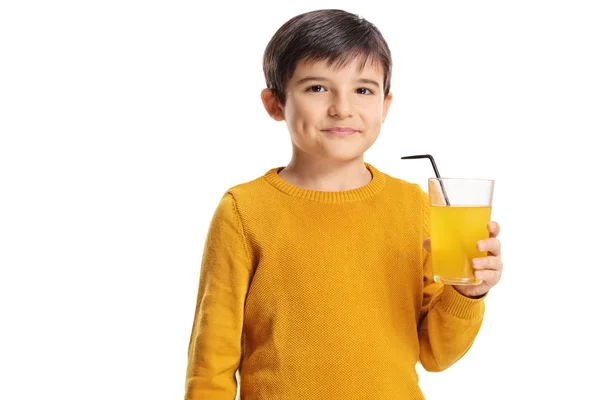 Cute Boy Holding Glass Orange Juice Isolated White Background — Stock Photo, Image