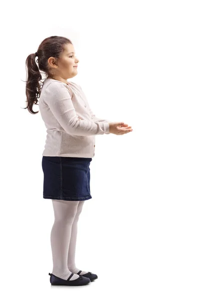 Full Length Profile Shot Little Girl Gesturing Her Hands Waiting — Stock Photo, Image