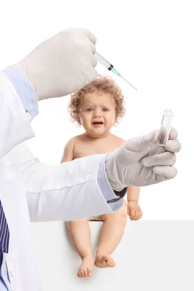 Doctor Hands Preparing Syringe Vaccine Dose Baby Boy Crying Isolated — Stock Photo, Image