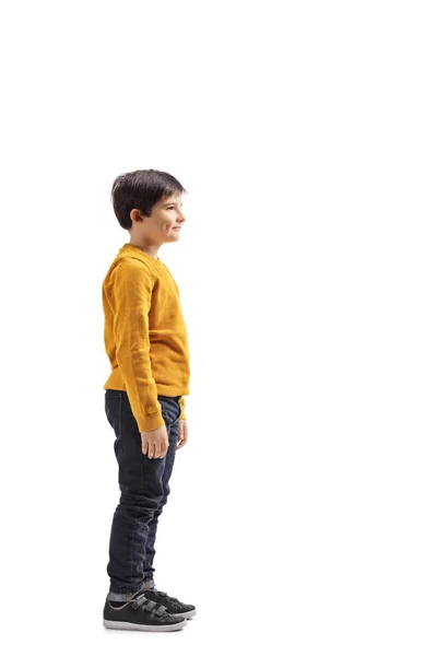 Full Length Profile Shot Boy Standing Waiting Isolated White Background — Stock Photo, Image