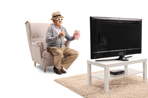 Full Length Shot Senior Man Glasses Popcorn Sitting Armchair Watchin — Stock Photo, Image