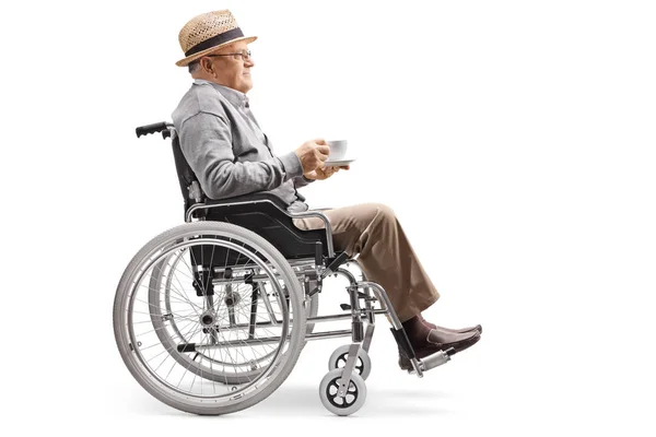 Full Length Profile Shot Elderly Man Sitting Wheelchair Cup Coffee — Stock Photo, Image