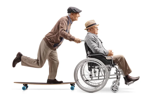 Full Length Profile Shot Elderly Man Pushing Man Wheelchair Isolated — Stock Photo, Image