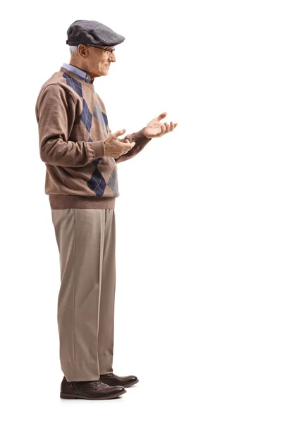 Full Length Shot Senior Man Standing Gesturing Conversation Isolated White — Stock Photo, Image