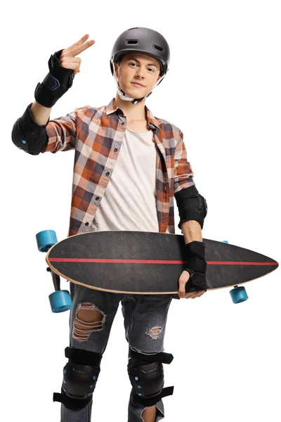 Young Boy Helmet Holding Longboard Gesturing Victory Sign His Fingers — Stock Photo, Image