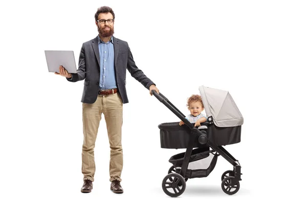 Full Length Portrait Father Standing Laptop Baby Pushchair Isolated White — Stock Photo, Image