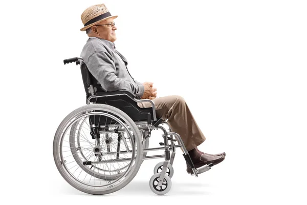 Full Length Profile Shot Elderly Man Sitting Wheelchair Isolated White — Stock Photo, Image