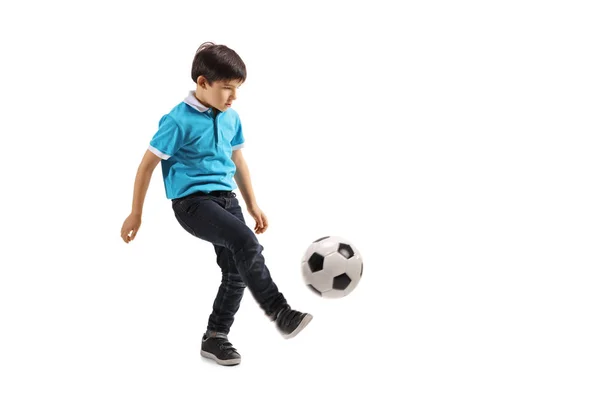 Full Length Shot Little Boy Playing Soccer Isolated White Background — Stock Photo, Image