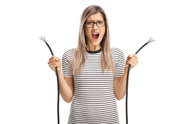 Angry Woman Screaming Broken Cable Her Hands Isolated White Background — Stock Photo, Image
