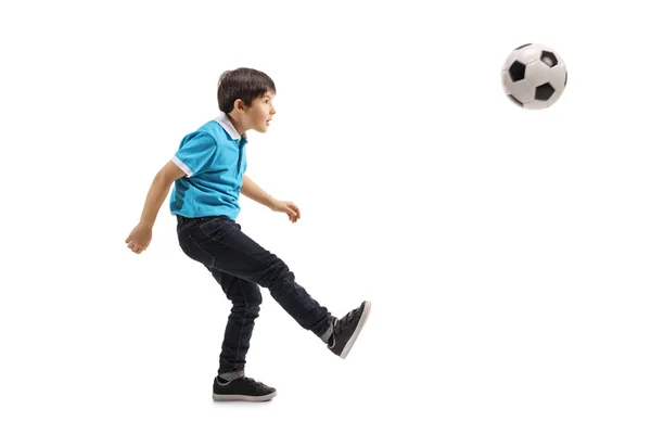 Full Length Shot Little Boy Kicking Soccer Ball Isolated White — Stock Photo, Image