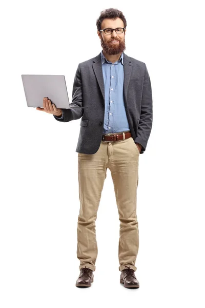 Full Length Portrait Man Standing Laptop Smiling Camera Isolated White — Stock Photo, Image