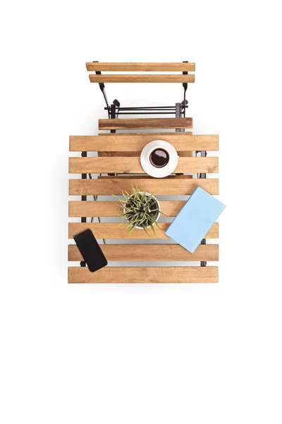 Top View Wooden Table Coffee Plant Cellphone One Chair Taken — Stock Photo, Image