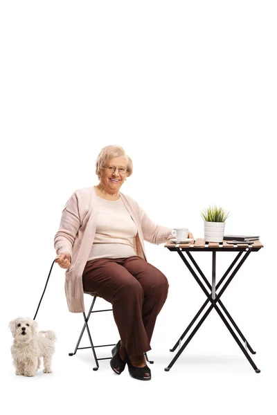 Pełna Długość Portret Starszą Kobietę Przy Filiżance Kawy Jej Pies — Zdjęcie stockowe