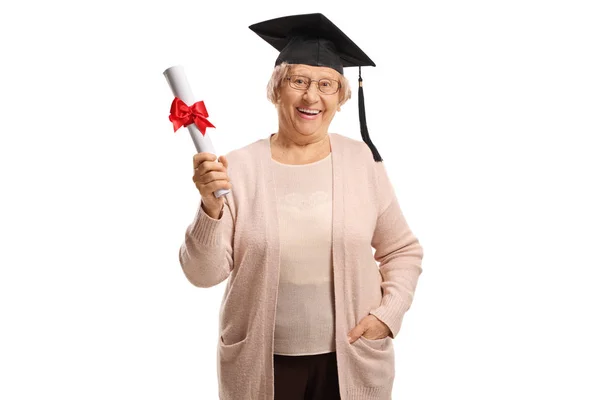 Mujer Madura Feliz Con Sombrero Graduación Sosteniendo Diploma Aislado Sobre — Foto de Stock