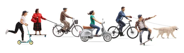 Muchas Personas Con Tipo Diferente Transporte Bicicleta Montar Moto Scooter — Foto de Stock