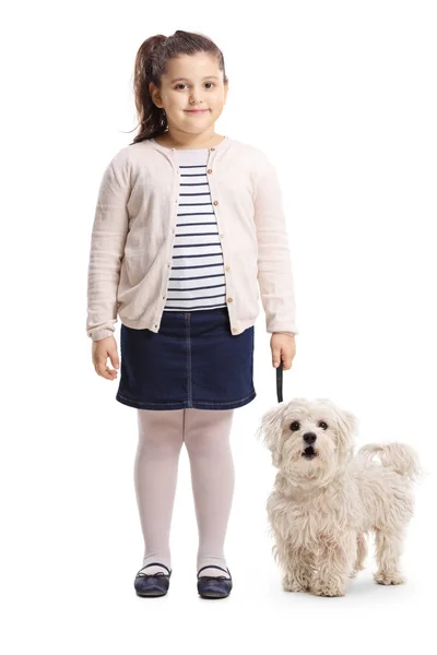 Full Length Portrait Little Girl Her Dog Smiling Camera Isolated — Stock Photo, Image