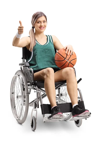 Young Female Athlete Wheelchair Holding Basketball Showing Thumbs Isolated White — Stock Photo, Image