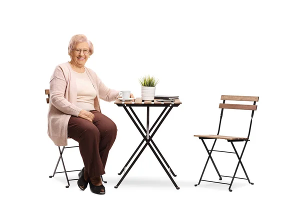 Portrait Complet Une Femme Âgée Assise Une Table Avec Une — Photo