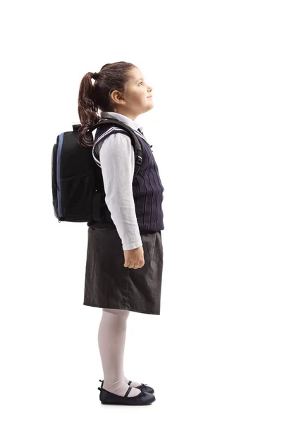 Full Length Profile Shot Little Schoolgirl Uniform Looking Isolated White — Stock Photo, Image