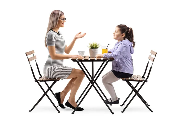 Full Length Profile Shot Young Woman Sitting Table Coffee Talking — Stock Photo, Image